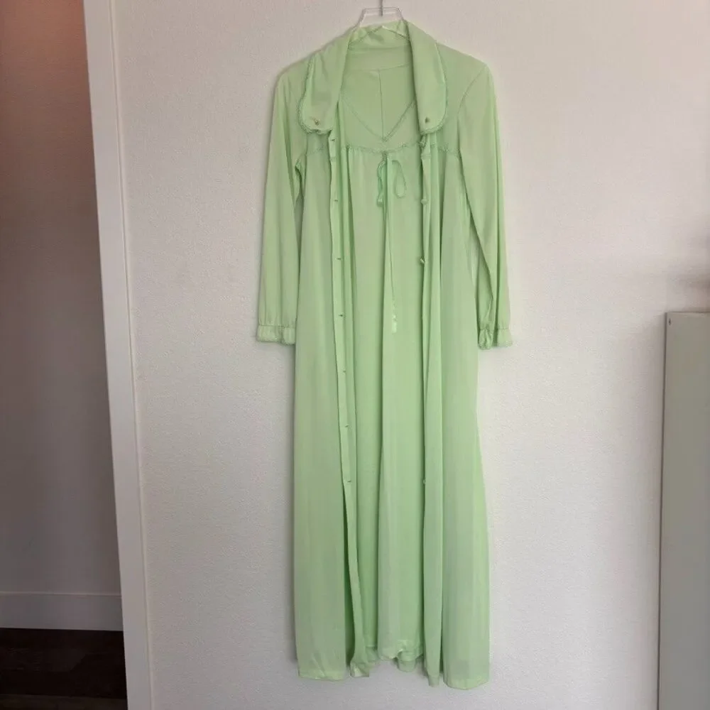 Vintage Womens Night Gown & Robe Set M Light Green Maxi Cottagecore St Patricks - Picture 7 of 15